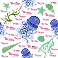 Seamless pattern with detailed transparent jellyfish. Childish seamless pattern with cute hand drawn fishes and jellyfishes in doodle style. Trendy nursery background vector