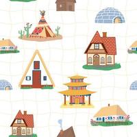 Seamless pattern with Traditional buildings of different countries set, houses from around the world vector