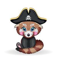 Red panda pirate, cartoon character of the game, wild bear in a bandana and a cocked hat with a skull, with an eye patch. Character with bright eyes vector