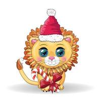 Wonderful cute cartoon lion cub with a gift vector