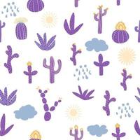 patrones sin fisuras con diferentes cactus. textura repetitiva vibrante con cactus morados. fondo con plantas del desierto. vector