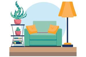 Living room with furniture. Cozy interior with sofa and tv. Flat style illustration. vector