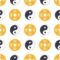 Cartoon chinese house seamless pattern. Chinese symbols of the coin with hieroglyphs, yin-yang, red fan, lanterns. vector