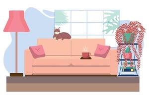 Living room with furniture. Cozy interior with sofa and tv. Flat style illustration. vector