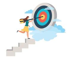 A man with an arrow is running towards his goal along a winding road, motivation is advancing, through clouds or stairs, steps of achievement, steps vector