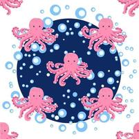 Seamless pattern with cute octopus, seaweed and pearl. Trendy nursery background vector