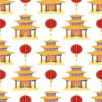 Cartoon chinese house seamless pattern. Chinese symbols of the coin with hieroglyphs, yin-yang, red fan, lanterns. vector