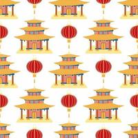 Cartoon chinese house seamless pattern. Chinese symbols of the coin with hieroglyphs, yin-yang, red fan, lanterns. vector