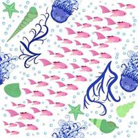 Seamless pattern with detailed transparent jellyfish. Childish seamless pattern with cute hand drawn fishes and jellyfishes in doodle style. Trendy nursery background vector