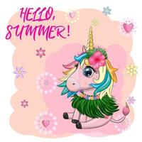 Cute cartoon unicorn dressed as a hula dancer, Hawaii, ready to go character. Summer, sea, palm trees, beach. vector