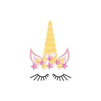 Fabulous cute unicorn with golden gilded horn and closed eyes. vector