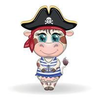 Bull, cow pirate, cartoon character of the game, wild animal in a bandana and a cocked hat with a skull, with an eye patch. Character with bright eyes vector