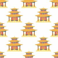 Cartoon chinese house seamless pattern. Chinese symbols of the coin with hieroglyphs, yin-yang, red fan, lanterns. vector