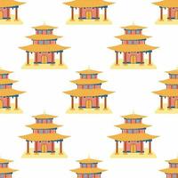 Cartoon chinese house seamless pattern. Chinese symbols of the coin with hieroglyphs, yin-yang, red fan, lanterns. vector