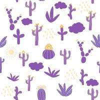 Seamless patterns with different cacti. Vibrant repeating texture with purple cacti. Background with desert plants. vector