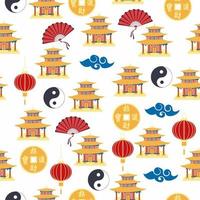 Cartoon chinese house seamless pattern. Chinese symbols of the coin with hieroglyphs, yin-yang, red fan, lanterns. vector