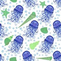 Seamless pattern with detailed transparent jellyfish. Childish seamless pattern with cute hand drawn fishes and jellyfishes in doodle style. Trendy nursery background vector