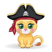 pirata león, personaje de dibujos animados del juego, gato animal salvaje con un pañuelo y un sombrero de tres picos con una calavera, con un parche en el ojo. personaje con ojos brillantes vector