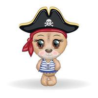 Teddy bear pirate, cartoon character of the game, wild animal in a bandana and a cocked hat with a skull, with an eye patch. Character with bright eyes vector