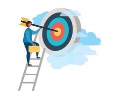 A man with an arrow is running towards his goal along a winding road, motivation is advancing, through clouds or stairs, steps of achievement, steps vector