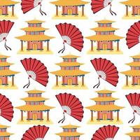 Cartoon chinese house seamless pattern. Chinese symbols of the coin with hieroglyphs, yin-yang, red fan, lanterns. vector