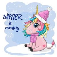 Cute cartoon unicorn in santa hat with gift, christmas ball, candy kane. New Year and Christmas holiday vector