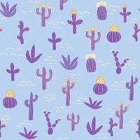 Seamless patterns with different cacti. Vibrant repeating texture with purple cacti. Background with desert plants. vector