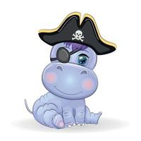 Hippopotamus pirate, cartoon character of the game, wild animal in a bandana and a cocked hat with a skull, with an eye patch. Character with bright eyes vector