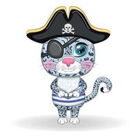 Snow leopard pirate, cartoon character of the game, wild cat in a bandana and a cocked hat with a skull, with an eye patch. Character with bright eyes vector