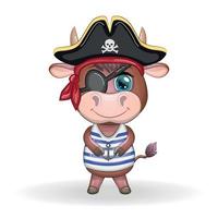 Bull, cow pirate, cartoon character of the game, wild animal in a bandana and a cocked hat with a skull, with an eye patch. Character with bright eyes vector