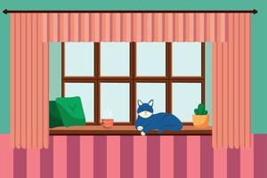 Flat style window with flowers, cat, pillows, curtains. View from the window, City and skyscraper, forest, trees, nature. vector