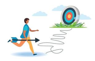 A man with an arrow is running towards his goal along a winding road, motivation is advancing, the path to achieving the goal is high vector