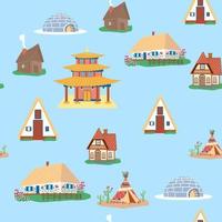 Seamless pattern with Traditional buildings of different countries set, houses from around the world vector