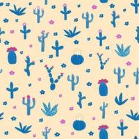 Seamless patterns with different cacti. Bright repeating texture with blue cacti. Background with desert plants. vector