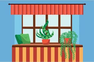 ventana de estilo plano con flores, gato, almohadas, cortinas. vista desde la ventana, ciudad y rascacielos, bosque, árboles, naturaleza. vector