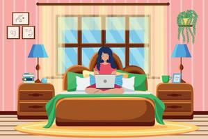 A young woman works remotely from home.The woman is lying on the bed and working on a laptop. vector