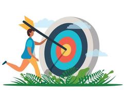 A man with an arrow is running towards his goal along a winding road, motivation is advancing, the path to achieving the goal is high vector