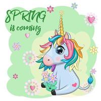 unicornio con flores, en una corona, se acerca la primavera, postal para la fiesta de la primavera. vector