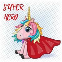 lindo personaje de unicornio con capa como superhéroe. ilustración de diseño de dibujos animados aislado vector