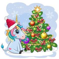 Cute cartoon unicorn in santa hat near christmas tree with gifts, balls. New Year and Christmas greeting card. vector