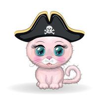 Cat pirate, cartoon character of the game, wild animal cat in a bandana and a cocked hat with a skull, with an eye patch. Character with bright eyes vector