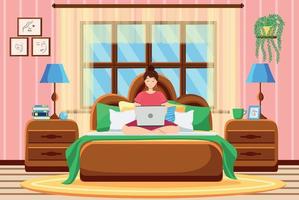 A young woman works remotely from home.The woman is lying on the bed and working on a laptop. vector