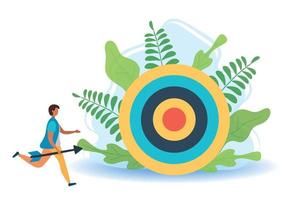 A man with an arrow is running towards his goal along a winding road, motivation is advancing, the path to achieving the goal is high vector