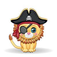 pirata león, personaje de dibujos animados del juego, gato animal salvaje con un pañuelo y un sombrero de tres picos con una calavera, con un parche en el ojo. personaje con ojos brillantes vector