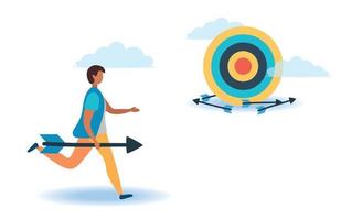 A man with an arrow is running towards his goal along a winding road, motivation is advancing, the path to achieving the goal is high vector