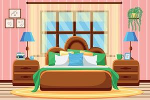 Bedroom with furniture and a window. Paintings and plants on the wall, lamps and bedside tables. Interior. Flat vector