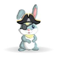 Bunny pirate, cartoon character of the game, wild animal rabbit in a bandana and a cocked hat with a skull, with an eye patch. Character with bright eyes vector