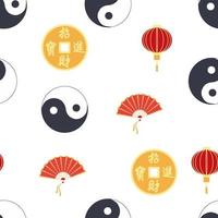 Chinese seamless pattern with feng shui chinese coin with hole, yin-yang, fan, paper lantern vector