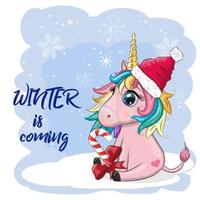 Cute cartoon unicorn in santa hat with gift, christmas ball, candy kane. New Year and Christmas holiday vector