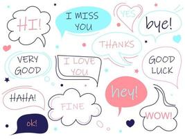 Set of cute speech bubbles of different shapes with text. Multicolored speech bubbles isolated on white background. Hand drawn vector illustration